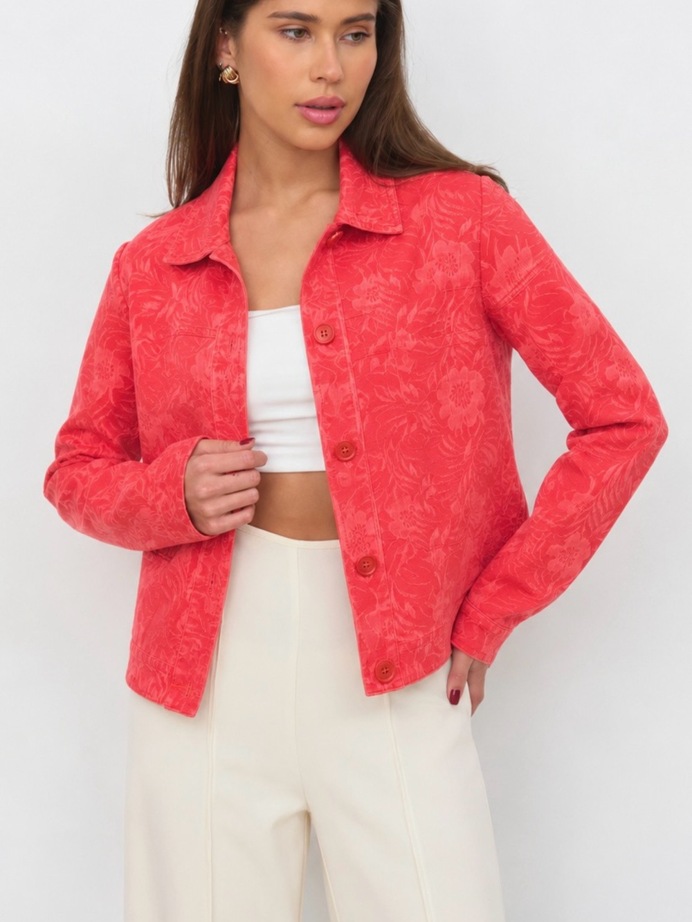 Vintage Y2K Coldwater Creek Floral Jacquard Jacket Coral Textured Cotton Blend M